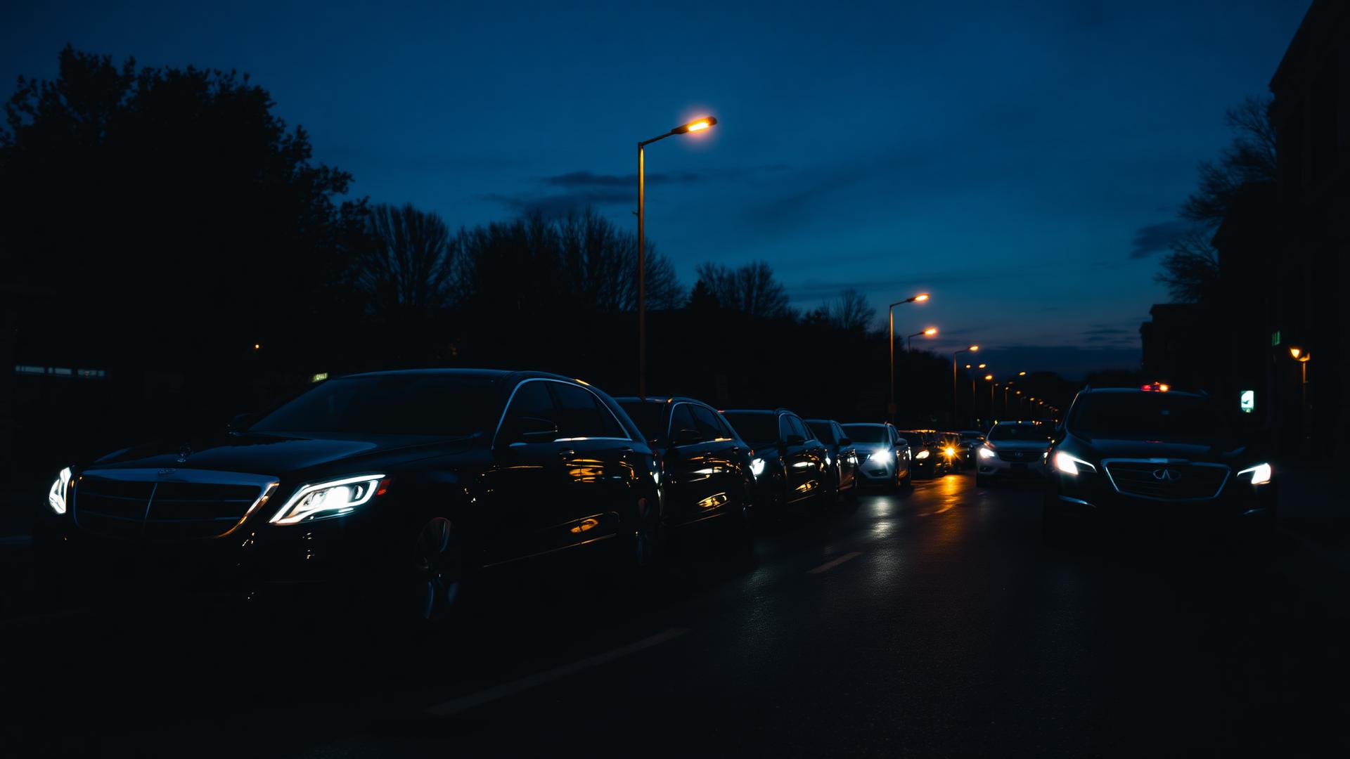 A row of black chauffeur sedans waiting on a city street